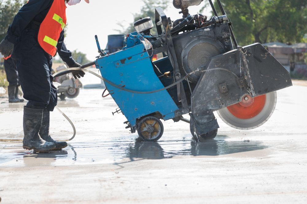 A Man Is Using A Machine To Cut Concrete On A Road — Pro Cut N Core In Mareeba, QLD