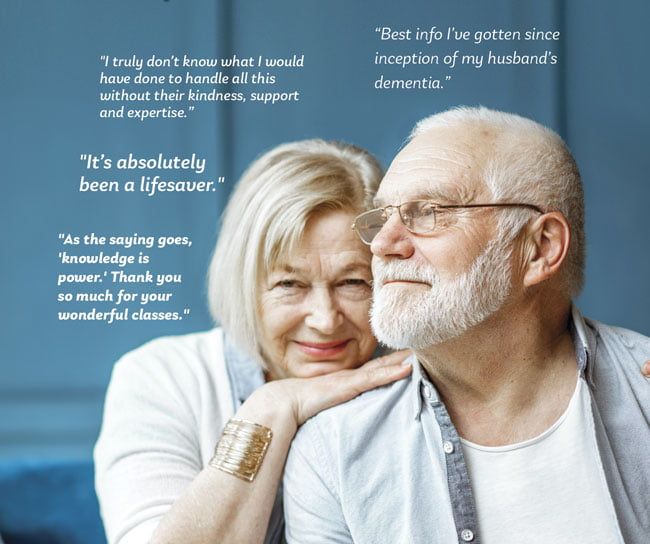 An elderly couple embraces. Quotes about dementia support surround them. Blue background.
