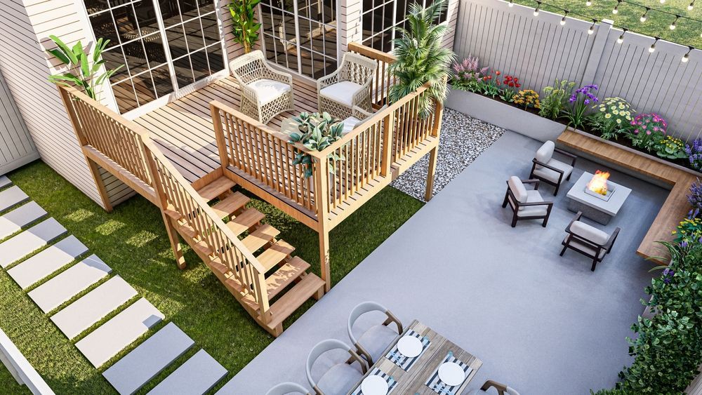 Backyard patio with wooden deck, seating area, stairs, and potted plants beside a stone walkway