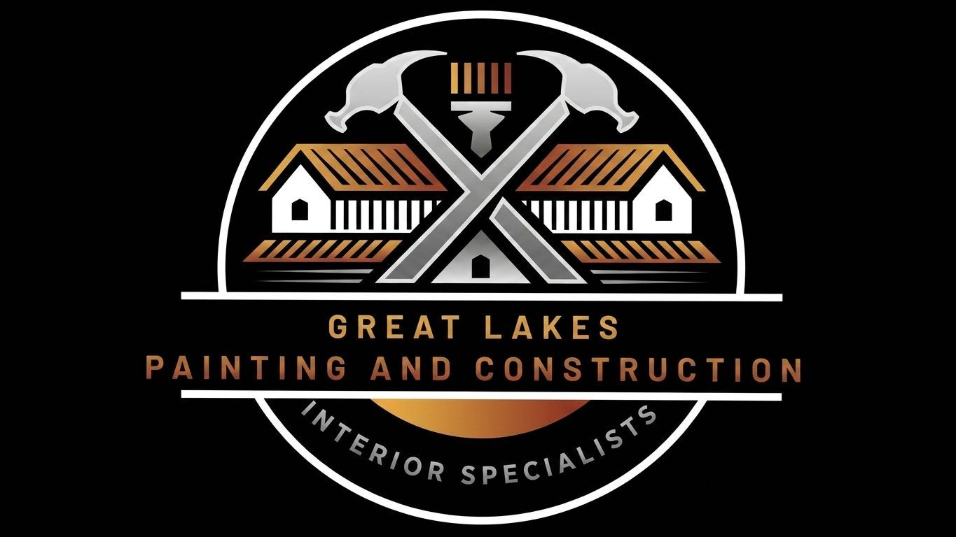 Great Lakes Painting and Construction logo with crossed tools over house roof, black and gold design