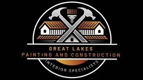 Great Lakes Painting and Construction logo with crossed tools over house roof, black and gold design
