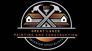 Great Lakes Painting and Construction logo with crossed tools over house roof, black and gold design