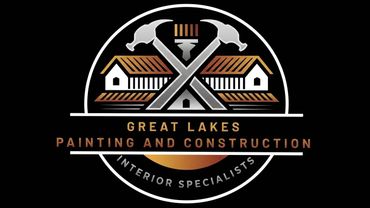 Great Lakes Painting and Construction logo with crossed tools over house roof, black and gold design