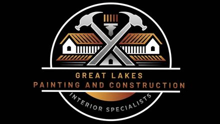Great Lakes Painting and Construction logo with crossed tools over house roof, black and gold design