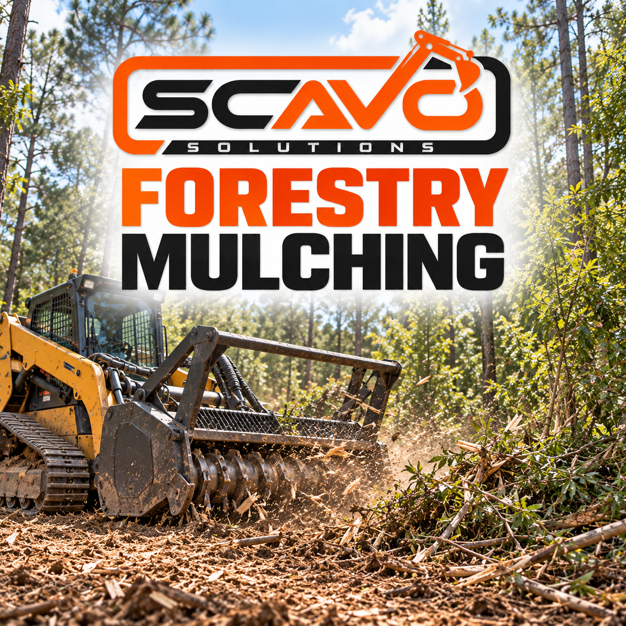 Scavo Site Prep & Property Solutions logo over orange excavator and wooded construction site background