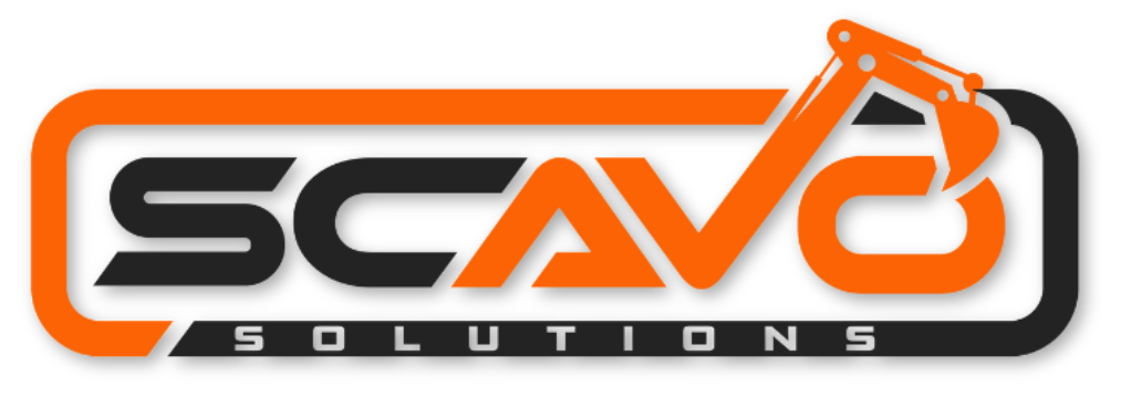 Orange SCAVO Solutions logo with stylized excavator icon