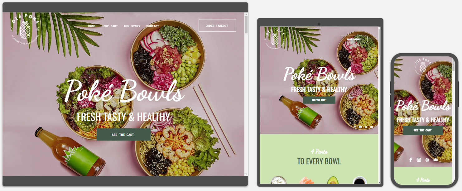 A screenshot of a website for poke bowls on a tablet and a phone. www.webtekkdesign.com