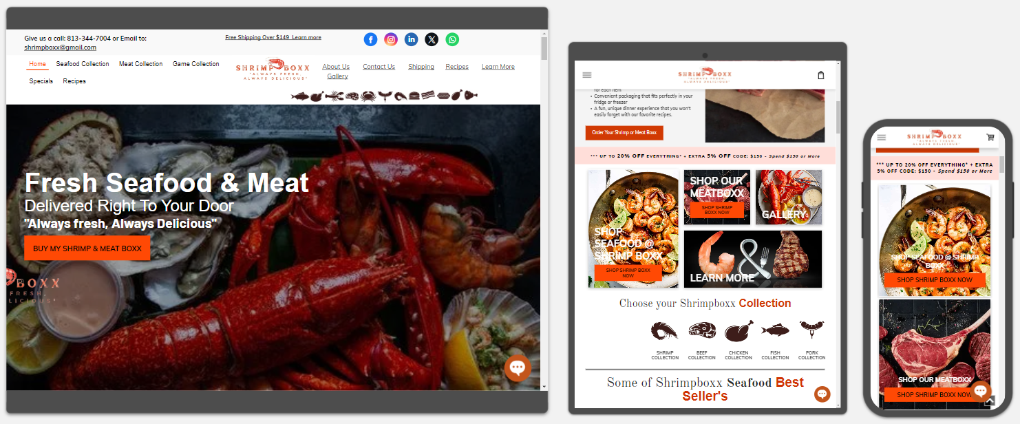 A website for fresh seafood and meat is displayed on a computer , tablet , and cell phone. www.webtekkdesign.com