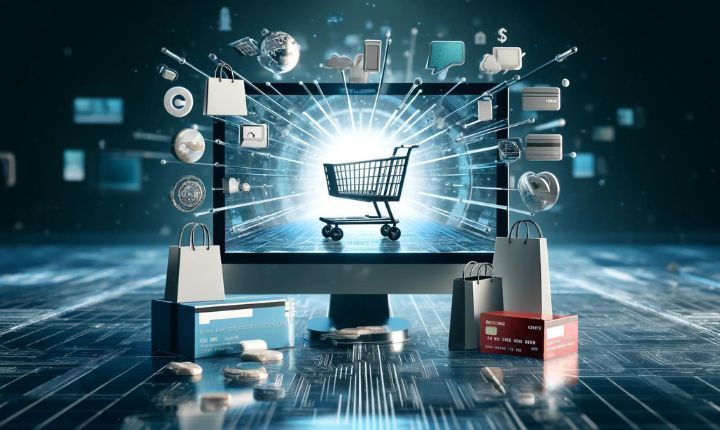 A computer monitor with a shopping cart on the screen surrounded by shopping bags. www.webtekkdesign.com