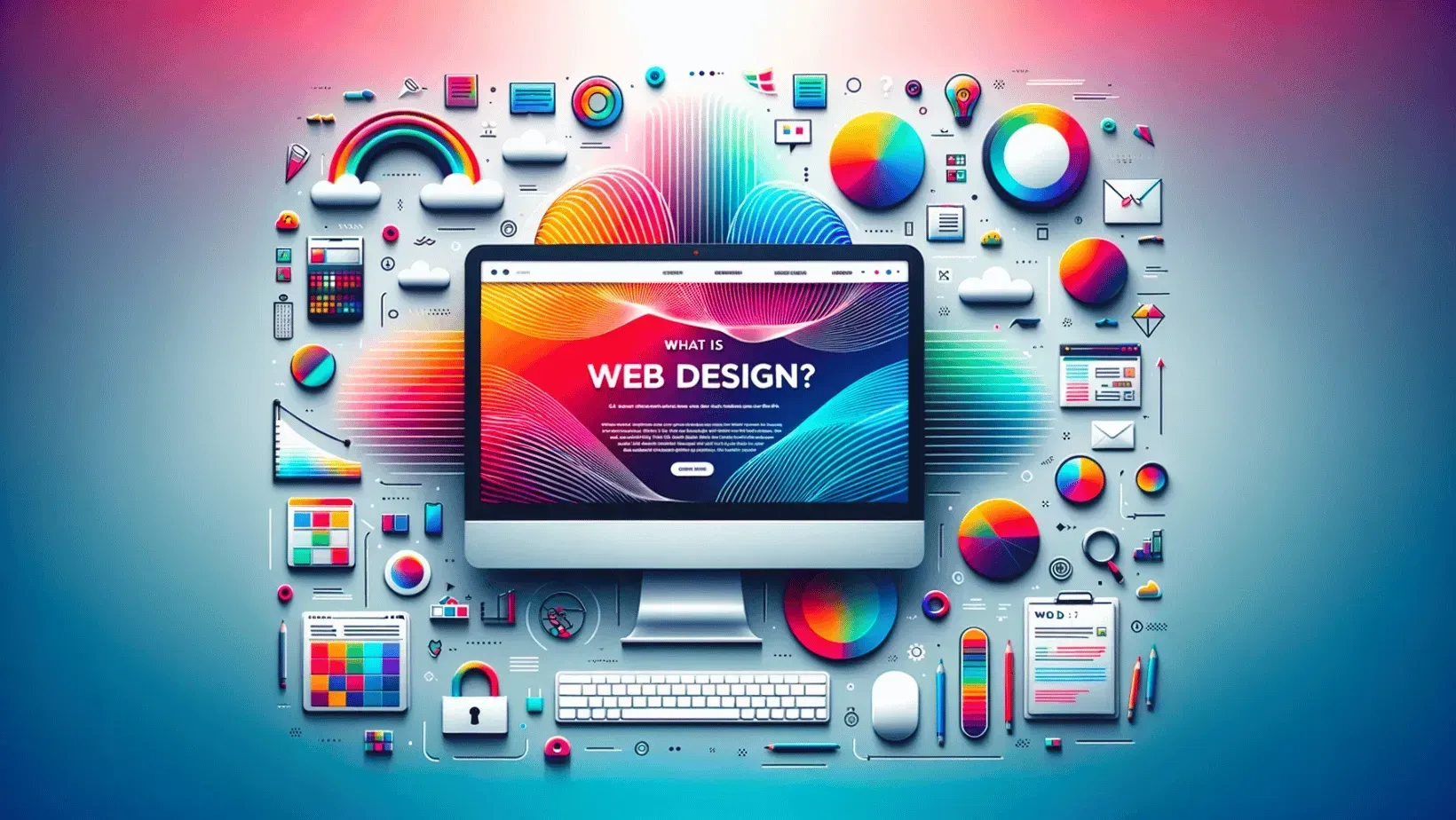 A computer monitor is surrounded by colorful web design icons. www.webtekkdesign.com