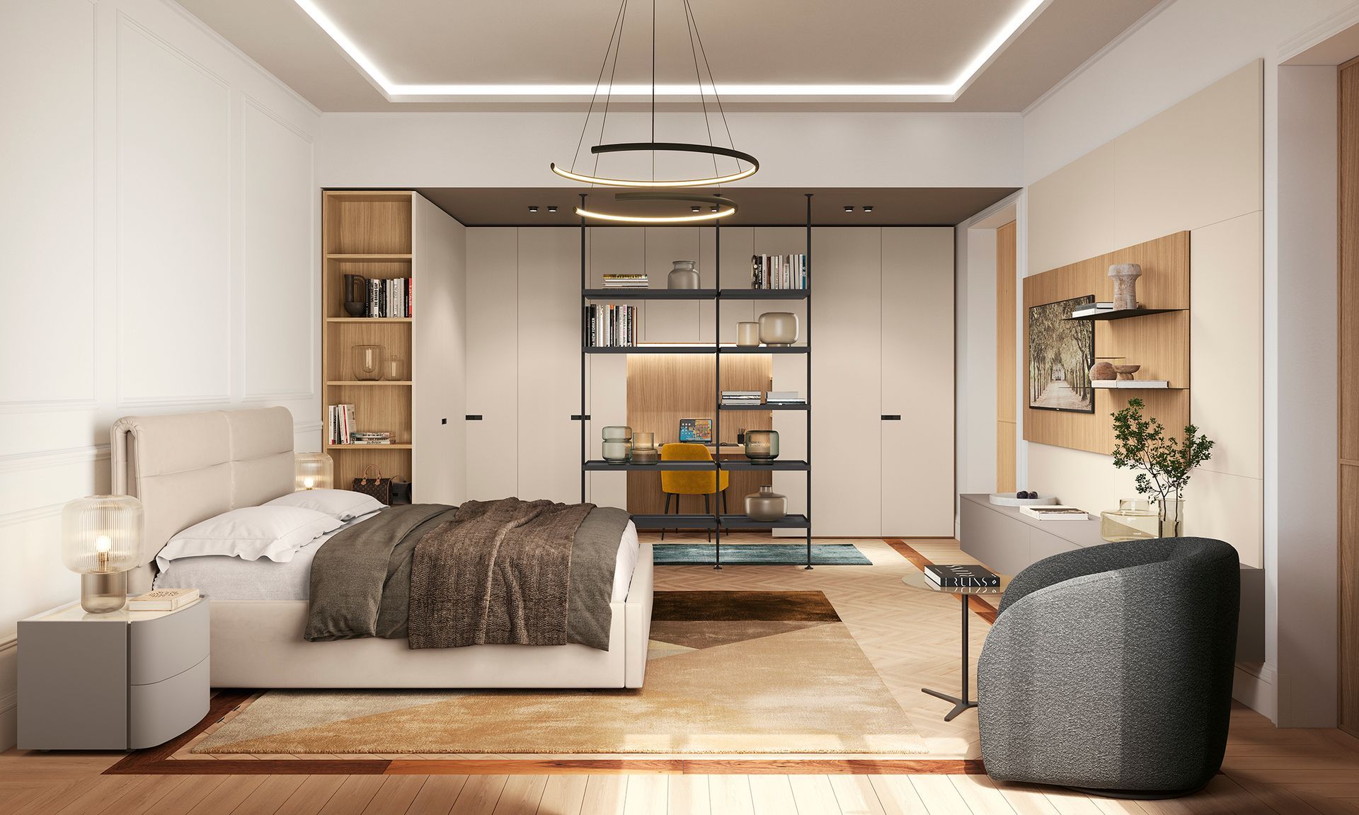 Camera da letto moderna con letto ben rifatto, tappeto a motivi geometrici e quadro astratto alle pareti.