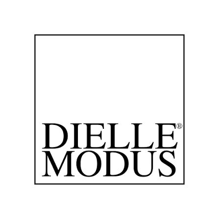 Logo nero di Dielle Modus all'interno di un sottile bordo quadrato su sfondo bianco.