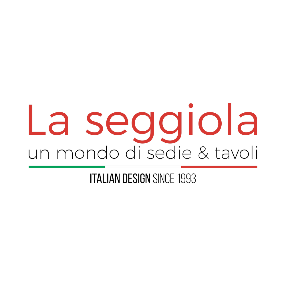 Logo “La seggiola” in red and black, with tagline “un mondo di sedie & tavoli” and Italian design since 1933