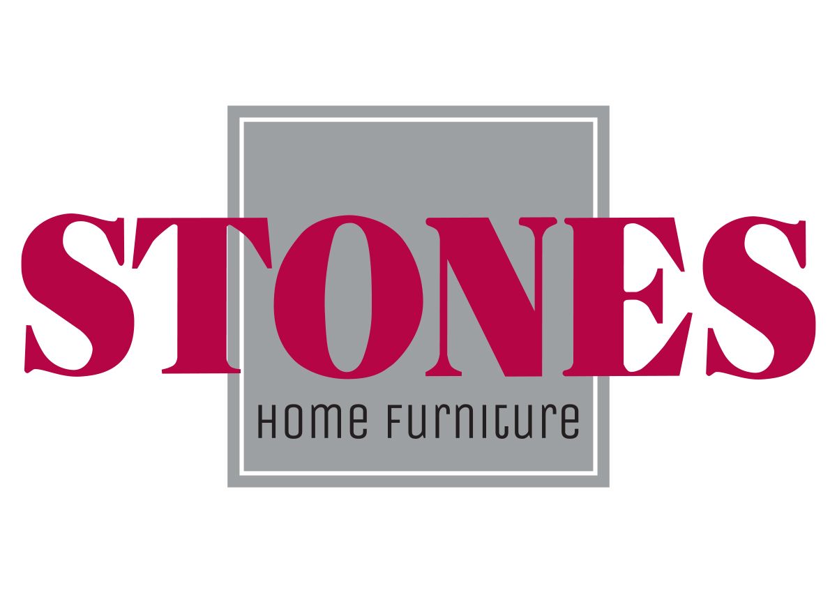 Logo di STONES, azienda produttrice di mobili per la casa, con testo rosso e grigio su sfondo quadrato grigio.