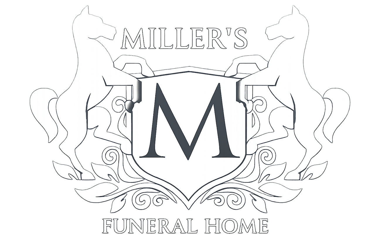 Miller’s Funeral Home logo with red and gold crest, two gold horses, and large red “M”