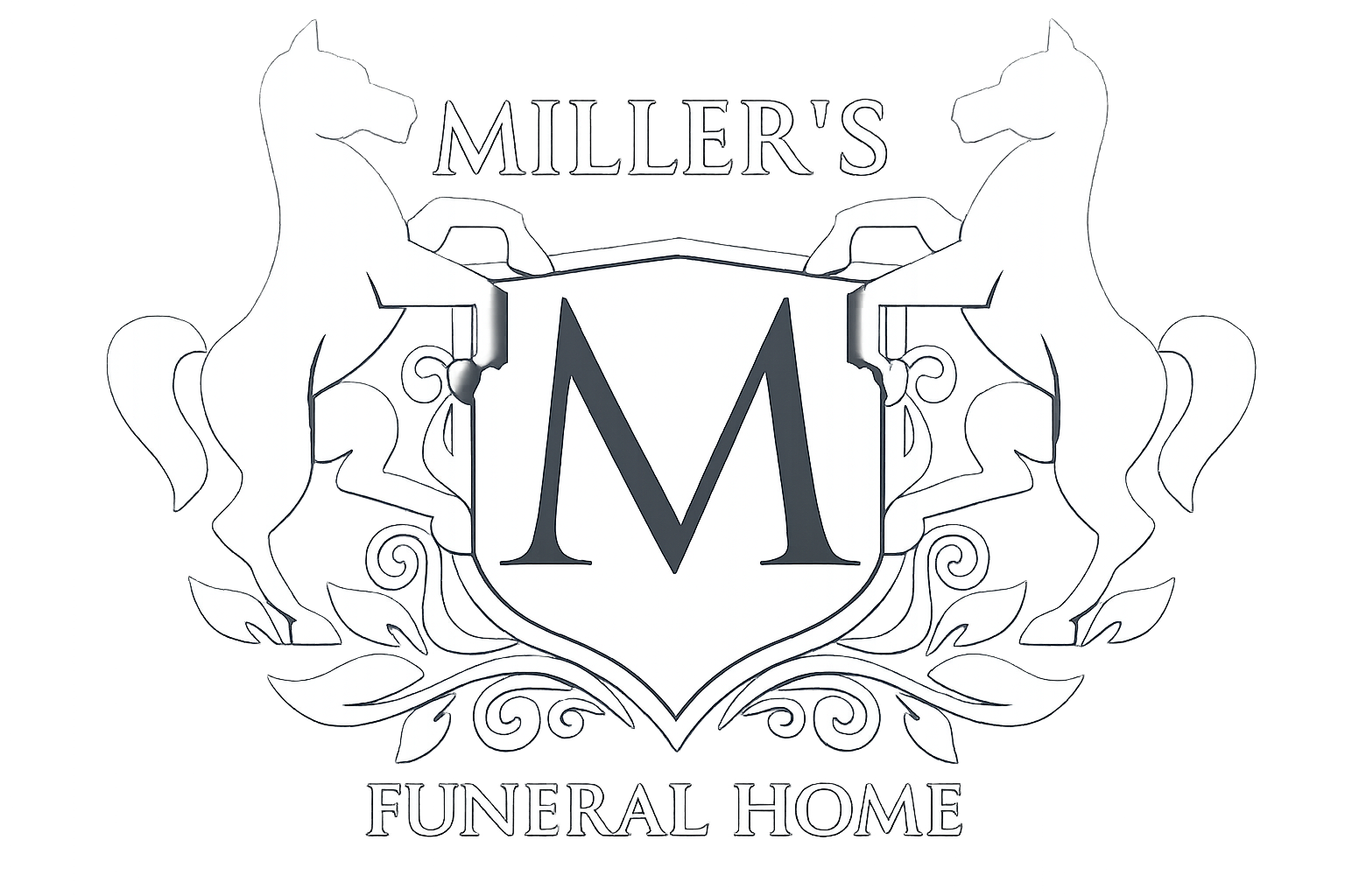 Miller’s Funeral Home logo with red and gold crest, two gold horses, and large red “M”
