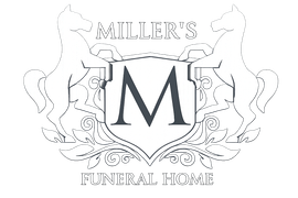 Miller’s Funeral Home logo with red and gold crest, two gold horses, and large red “M”