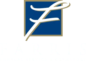 Blue square logo with a white script "F", gold outline, and white text below.