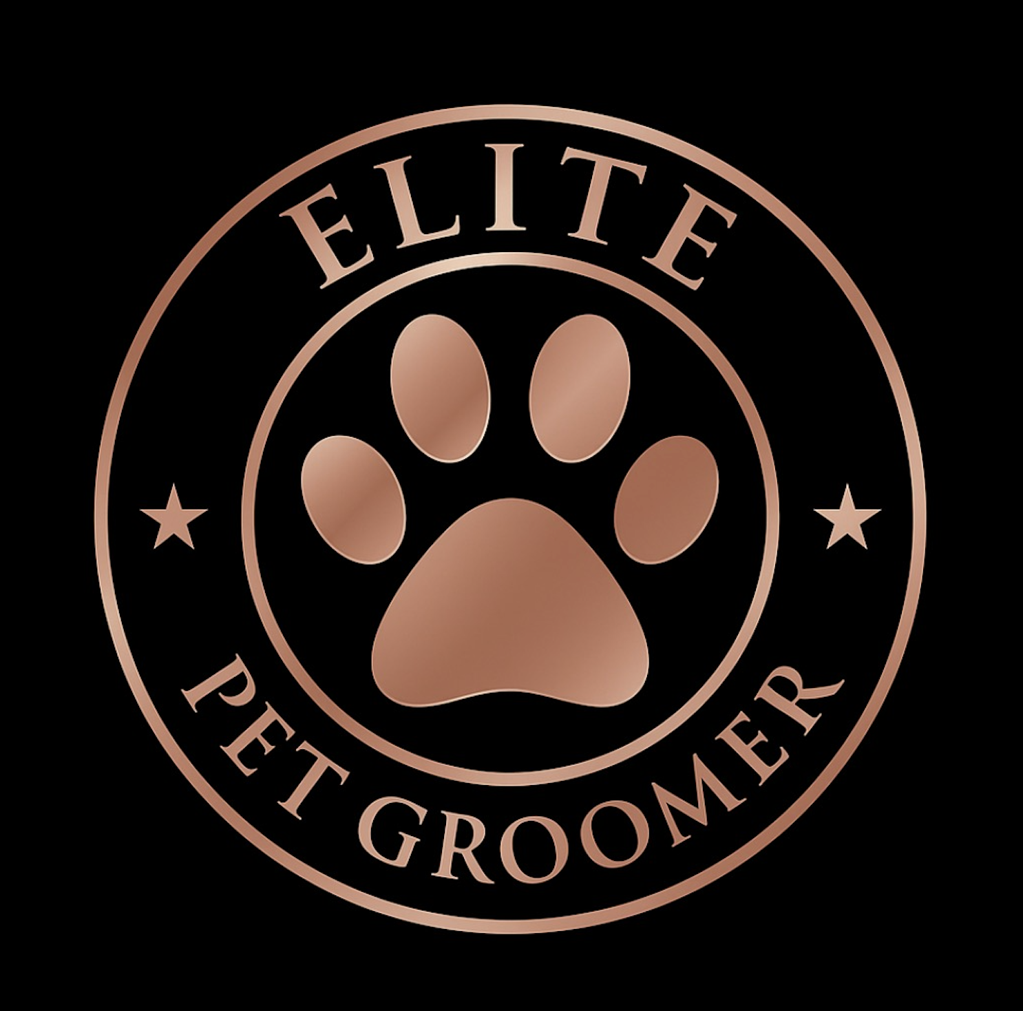 Logo: Rose gold paw print within a circle, "ELITE PET GROOMER" in a circular font on a black background.