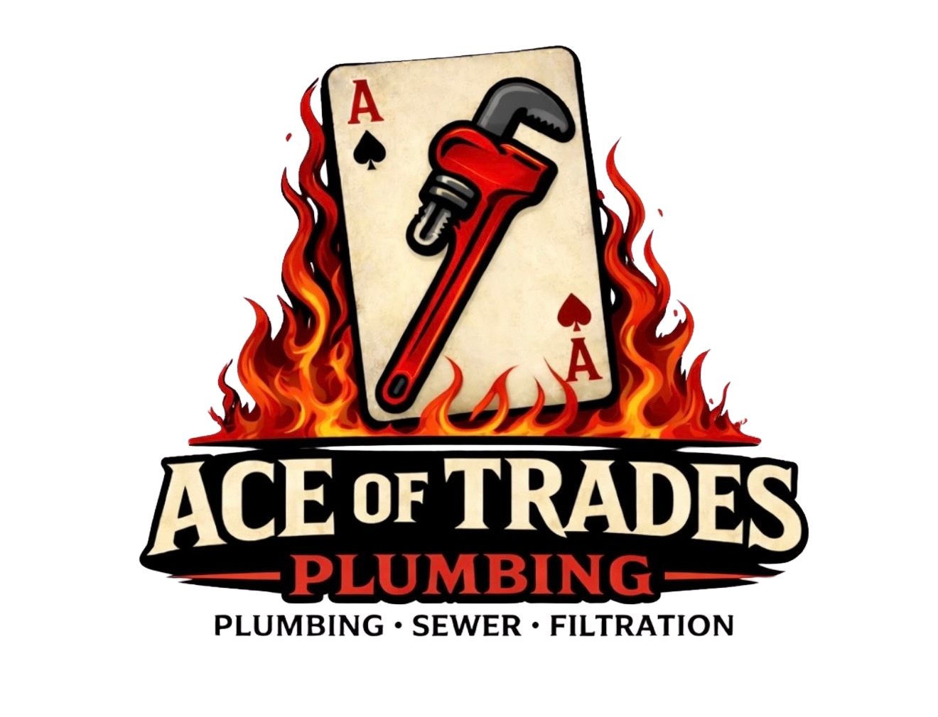 Ace of Trades Plumbing logo with flaming wrench and playing card, text: Plumbing, Sewer, Filtration