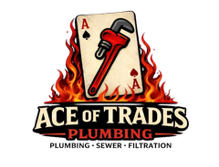 Ace of Trades Plumbing logo with flaming wrench and playing card, text: Plumbing, Sewer, Filtration
