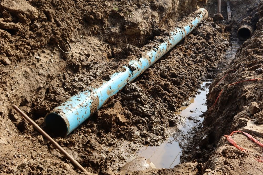 Blue pipe laid in a muddy trench with standing water during construction work