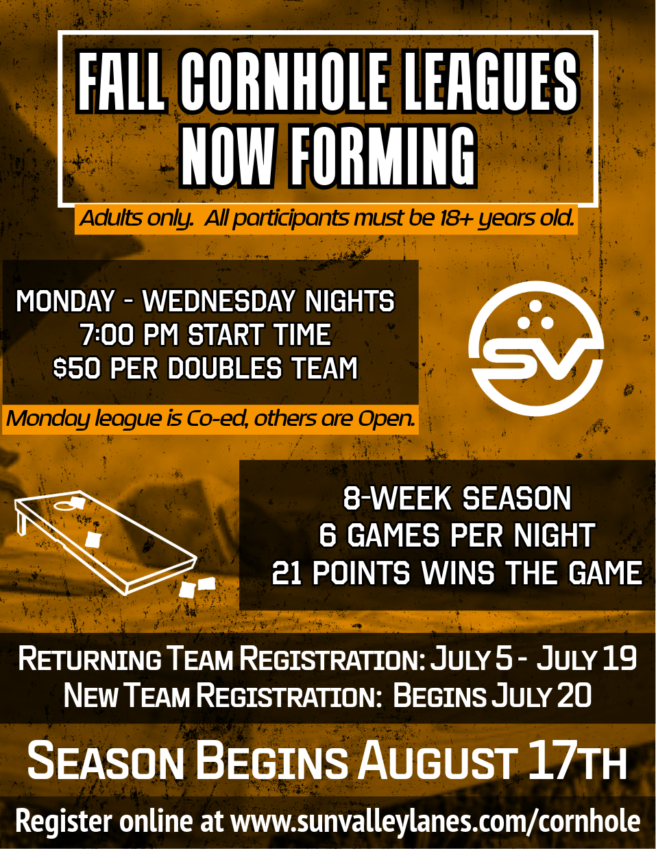 Spring cornhole league flyer will all league information, including start dates, times, and format.