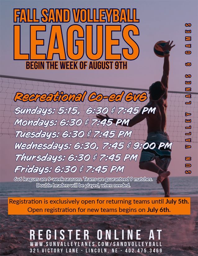 Spring sand volleyball league flyer will all league information, including start dates, times, and format.