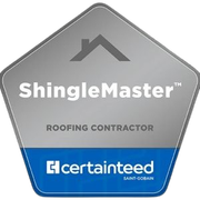 ShingleMaster roofing contractor badge with CertainTeed logo on gray and blue shield
