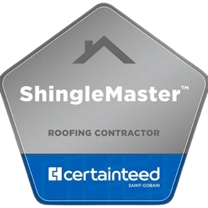 ShingleMaster roofing contractor badge with CertainTeed logo on gray and blue shield