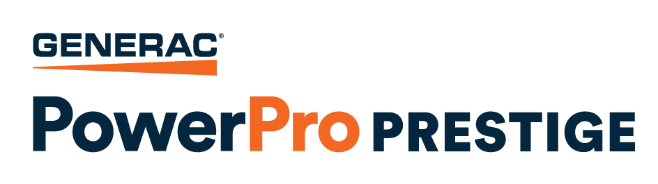 Generac PowerPro Prestige logo in blue and black text on a white background