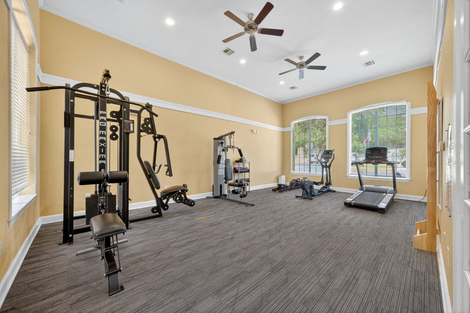 Bright gym room with exercise machines, treadmills, and ceiling fans on a carpeted floor.