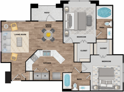 Floor plan of a home with living room, kitchen, bedroom, closets, bathrooms, and patio.