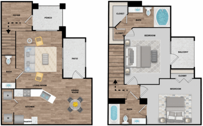 Two apartment floor plans side by side, one brown and one gray with blue accents.