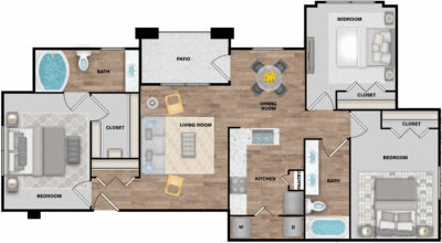 Apartment floor plan with living room, kitchen, bedrooms, bathrooms, and balcony views