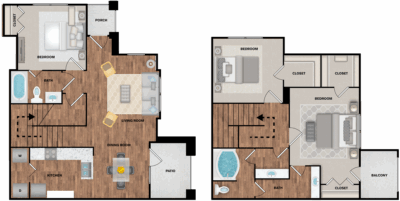 Two apartment floor plans side by side, showing wood floors, bedrooms, bathrooms, and living spaces.