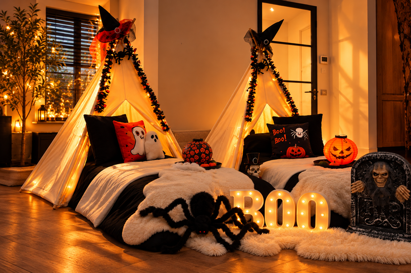 Dit tipi slaapfeestje staat helemaal in het teken van Halloween en griezelige gezelligheid! Met sfeervolle decoratie, zachte kussens en leuke Halloween-accessoires wordt de ruimte omgetoverd tot een magische, spannende Halloweenwereld. Het perfecte tipi slaapfeestje voor echte Halloweenfans die dol zijn op griezelen, gezelligheid en een onvergetelijke sleepover!