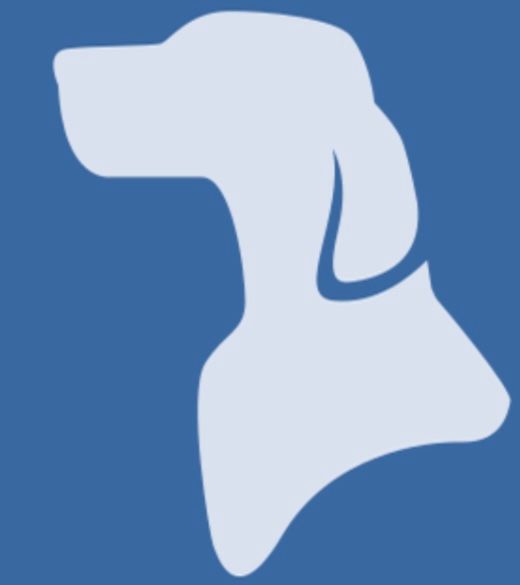 Light blue silhouette of a dog's head and neck on a darker blue background.
