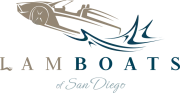 Logo for Lamboats of San Diego, featuring a speed boat design and stylized water trails.