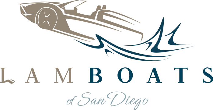 Logo for Lamboats of San Diego, featuring a speed boat design and stylized water trails.