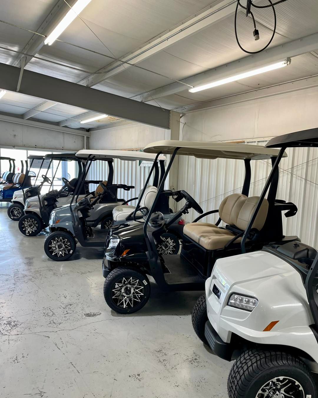Golf carts lined up inside a building. Different colors, including black, white, and gray.