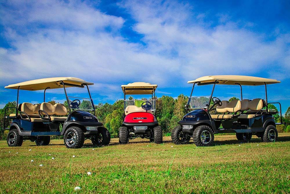 Three golf carts parked on a grassy field under a cloudy blue sky. Two are blue, one red.
