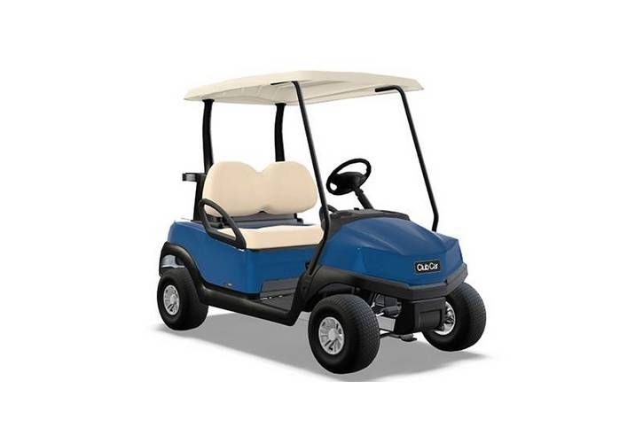 Blue golf cart with beige seats and roof, shown on a white background