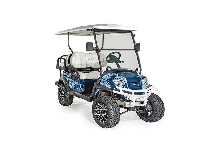 Blue and white off-road golf cart with roof, windshield, and black wheels on a white background