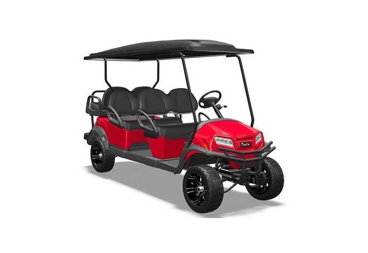 Red four-seat golf cart with black canopy and wheels, shown on a white background