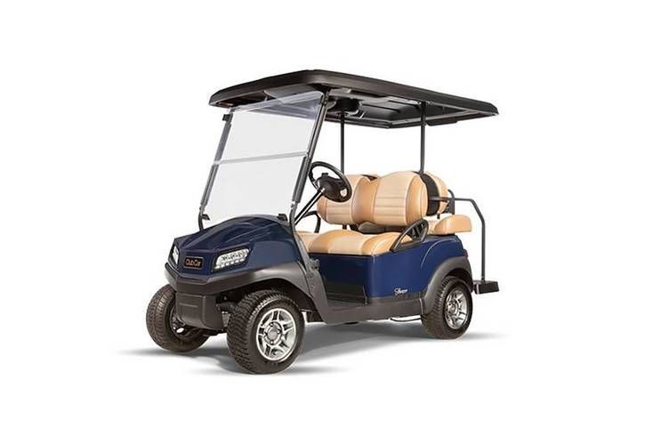 Blue golf cart with beige seats and a black roof, shown on a white background