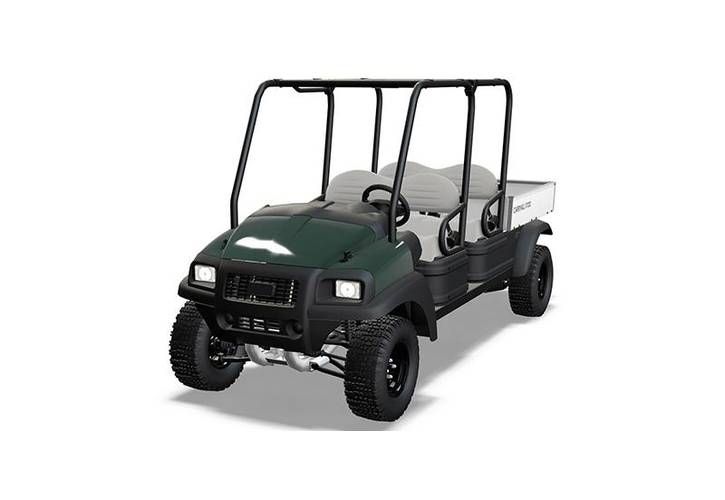 Dark green utility cart with roll cage and cargo bed on a white background