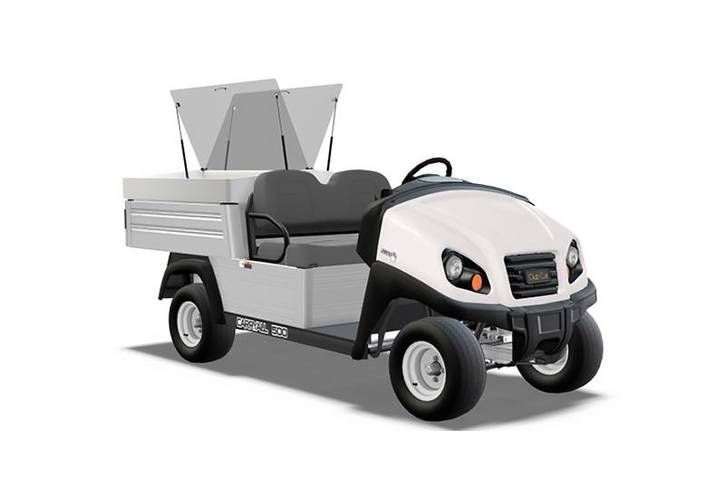 White utility golf cart with cargo bed and raised rear seat, shown on a plain background