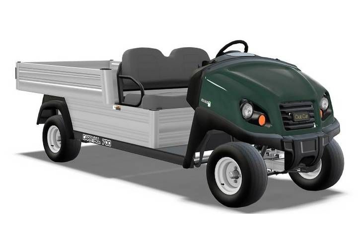 Green utility golf cart with flatbed cargo bed on a white background