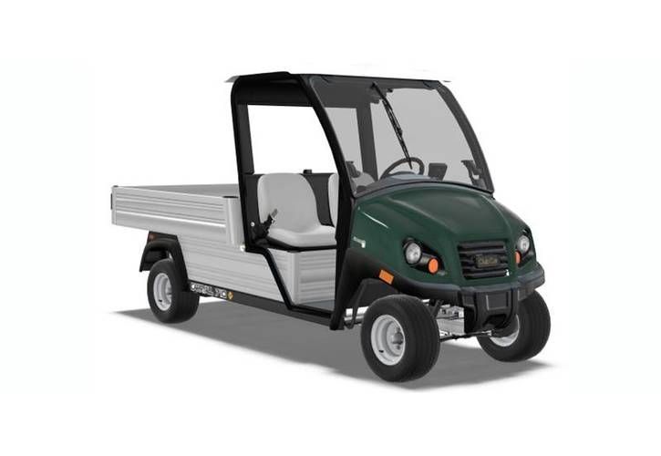 Green utility vehicle with a black canopy and silver cargo bed on a white background